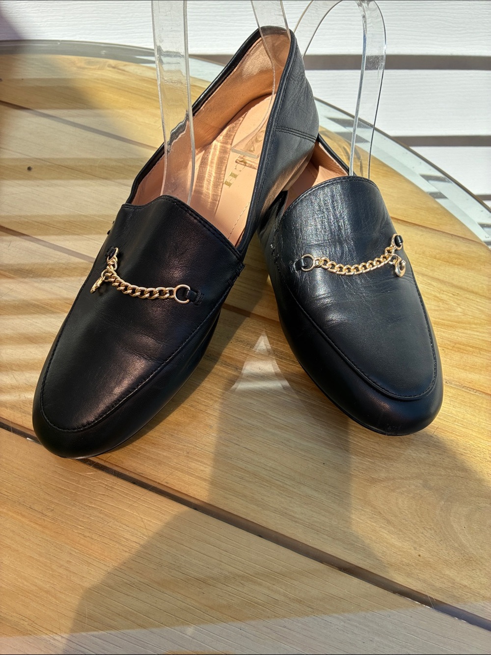 Coach Black Leather Loafers with Gold Chain Accent - Picture 7 of 8